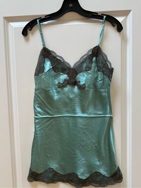 Gold Hawk 100% Silk Camisole – Blue Grotto with Charcoal Gray Lace